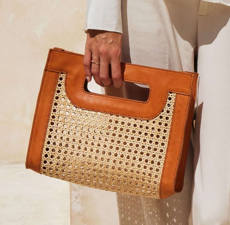 Rattan Cane Weave Handbag with Brown Leather Trim